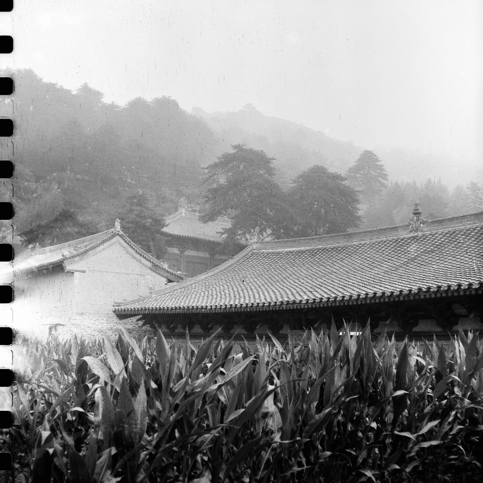 Misty temple roof and flags beneath the mountains.